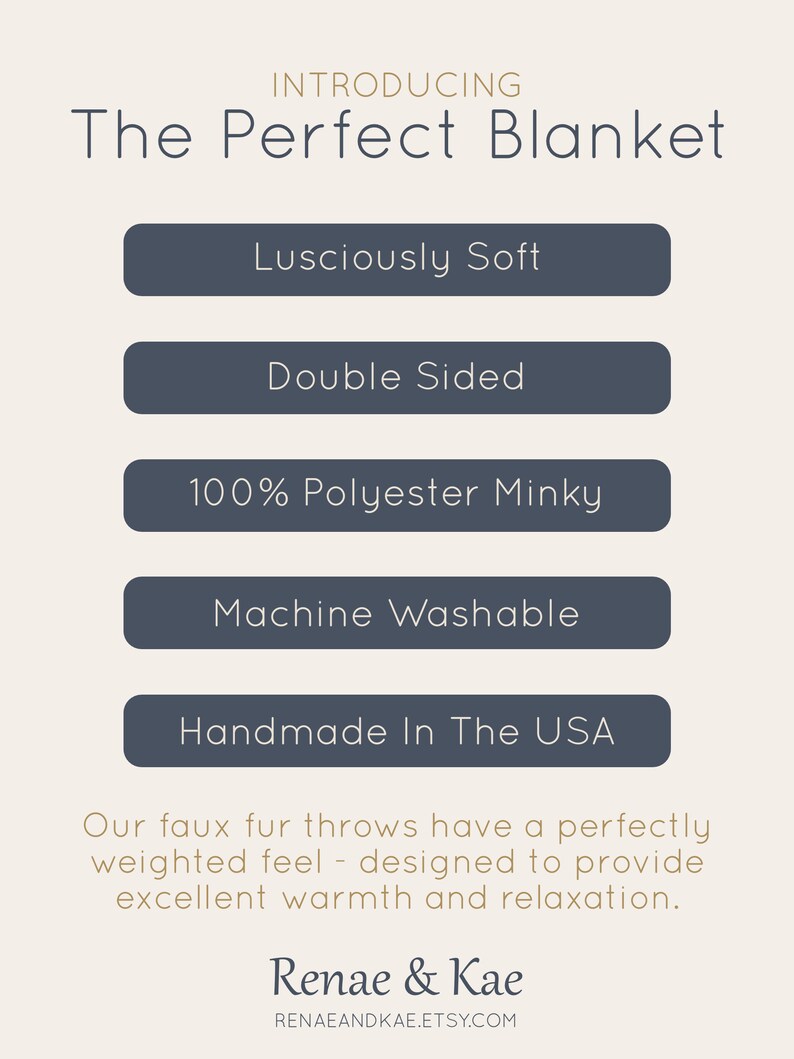 May include: A graphic with the text "Introducing The Perfect Blanket" and a list of features: Lusciously Soft, Double Sided, 100% Polyester Minky, Machine Washable, Handmade In The USA. The text "Our faux fur throws have a perfectly weighted feel - designed to provide excellent warmth and relaxation." is below the list. The text "Renae & Kae" and "RENAEANDKAE.ETSY.COM" are at the bottom of the graphic.