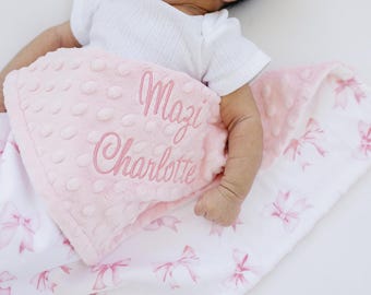 Bow Baby Blanket Personalized With Embroidery Name For Baby Girl Gift, Pink Coquette Minky Blanket With Name, Baby Lovey, Bow Baby Shower