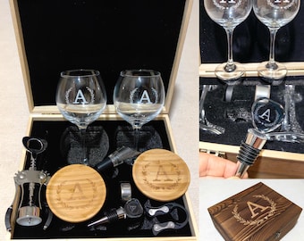 Wine Wooden Box Gift Set For Women Engraved  Mom Mothers Day  Birthday Customized Wedding Anniversary Couples Wine Stopper Opener Initial