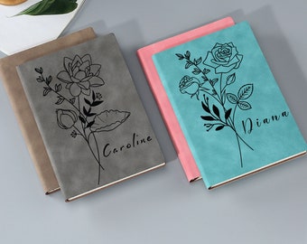 Personalized Custom Leather Journals Notebook Birth Month Flower Birthday Gift Engraved Journal Dairy Graduation School Teacher Student Gift