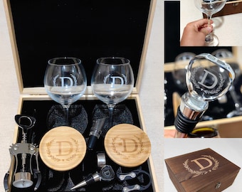 Personized Initial Wine Glasses Wooden Box Gift Women Engraved  Mom Birthday  Wedding Anniversary Couples Wine Tool Kit Gifts Opener Stopper