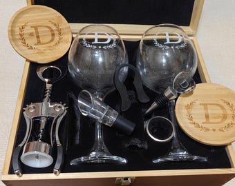 Father Day Engraved Wine Glasses Wooden Box Gift Set For Dad Husband Boyfriend Personalized Wine Stopper Opener Initial Birthday Wedding