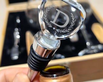 Wine Stopper Opener Wine Glasses Wooden Box Gift Kit personalised  Initial Birthday Wedding House warming Ideal Gift  Women Girlfriend