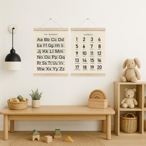 Posters en noir et blanc de l'alphabet et des chiffres pour enfants - Toile d'art murale éducative de 30 x 40 cm pour une décoration de chambre d'enfant, de salle de jeux ou de classe.