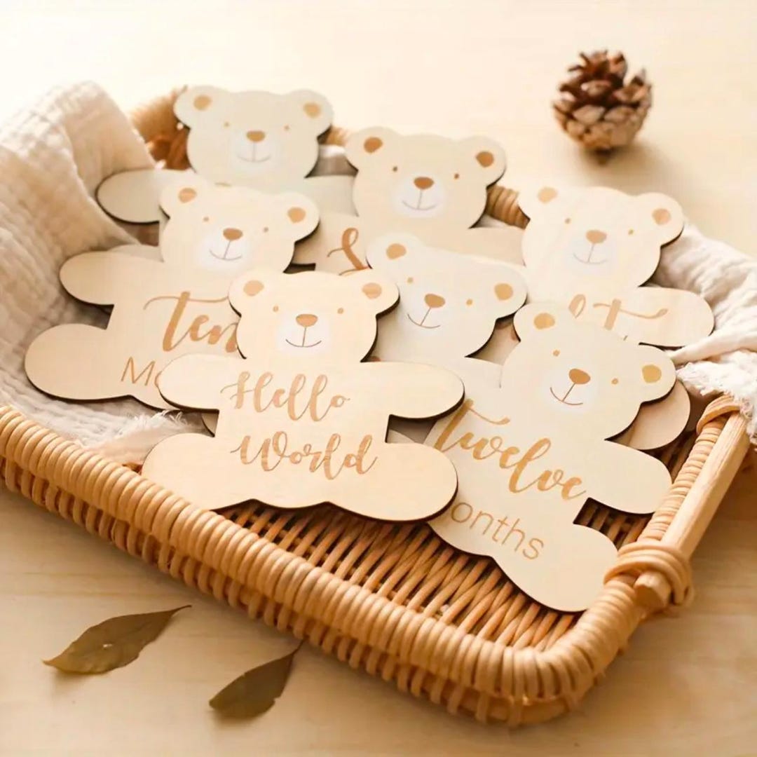 Teddy Bear Baby Milestone Discs: Wooden Photo Props, Newborn Keepsake ...
