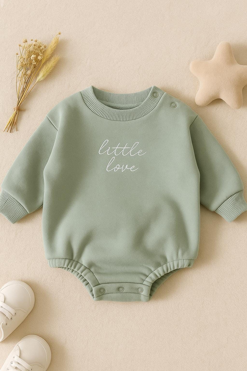 Little Love Baby Romper – Cozy Unisex Long Sleeve Jumpsuit – Embroidered Fall/Winter Outfit – Warm Baby Clothes for Autumn or Winter