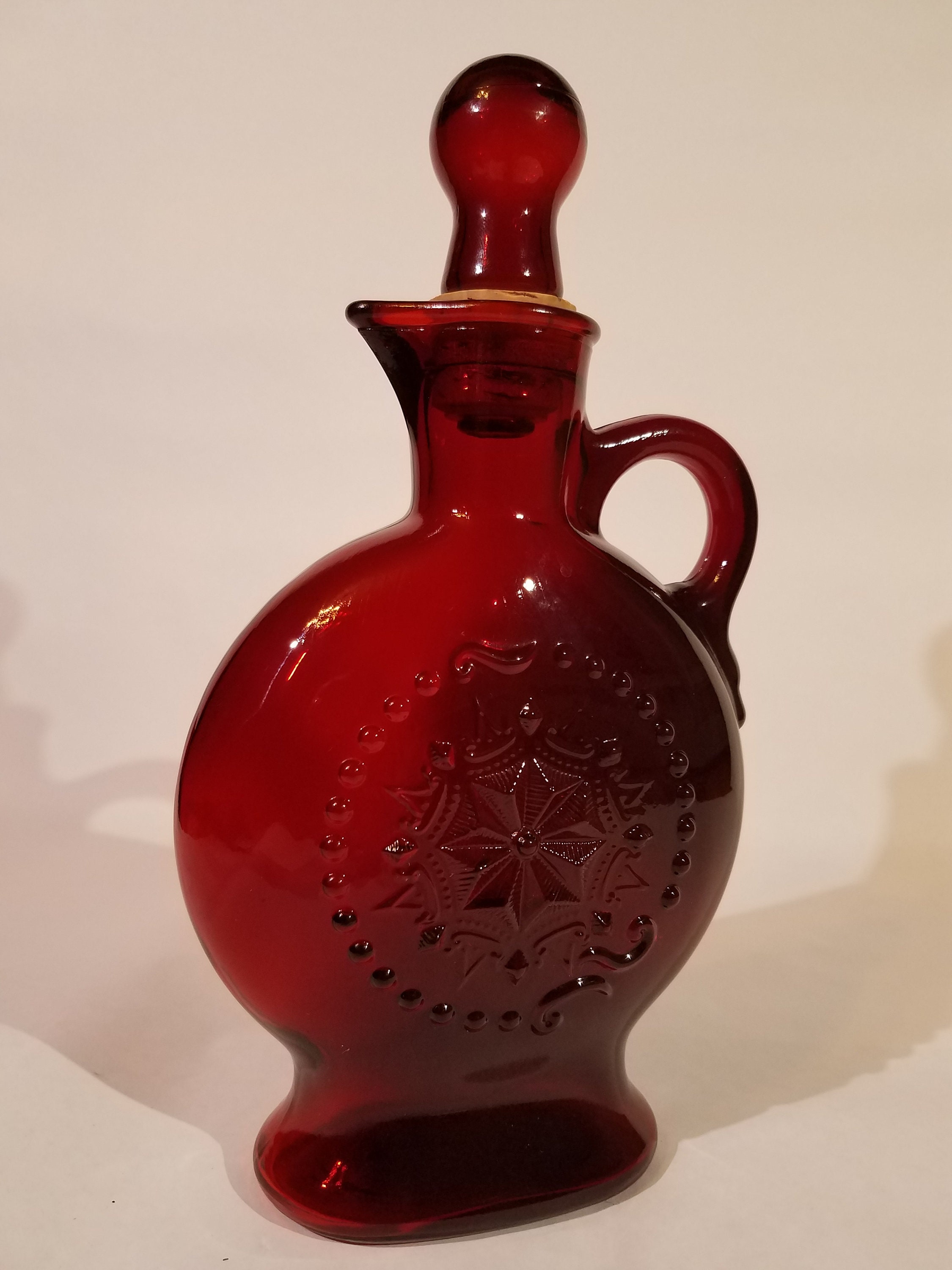 Wheatonware Ruby Red Star Decanter With Corked Stopper Vintage Pitcher