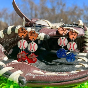 Baseball Equipment Dangle Earrings / Philadelphia Baseball Earrings / Philadelphia Phillies Earrings / Philadelphia Pride Earrings