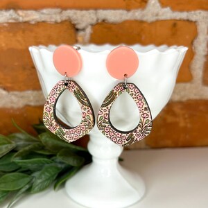 Pink and Green Floral Pattern Open Drop Dangle Earring