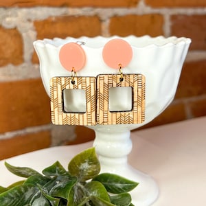 Pink Top Open Square Geometric Drop Earrings