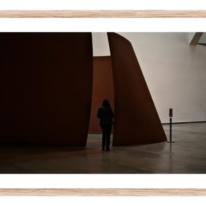 Peut inclure: Photographie encadrée d'une installation artistique avec de grandes structures métalliques couleur rouille. Une personne vêtue de sombre se tient au premier plan, face à l'œuvre. La photo est dans un cadre en bois clair.