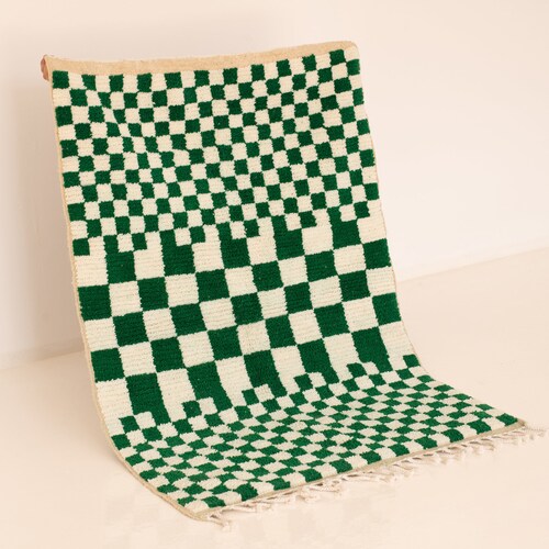 Large Green and White Checkered Rug Moroccan Berber Checkered Etsy