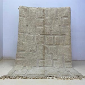 Peut inclure: Tapis rectangulaire beige avec un motif géométrique de carrés et de rectangles. Le tapis a une surface texturée et une frange le long du bord inférieur. Le tapis est présenté contre un mur blanc.