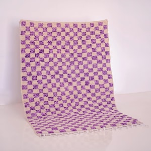 Custom Checkered, Purple and White, Moroccan Rug, Handmade Wool Carpet, Durable Eco-Friendly Bedroom Decor, High Pile Tribal Design