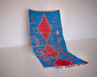 Berber Wool Carpet, Vintage Blue Rug, Eco Friendly Rug, Hand Knotted Tribal Design, Soft Durable Cotton Blend Area Carpet