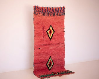 Red Boujad Handmade Rug, Vintage Moroccan Runner, Wool Area Carpet, Tribal Bohemian Accent, Eco Friendly, Large Hallway Decor