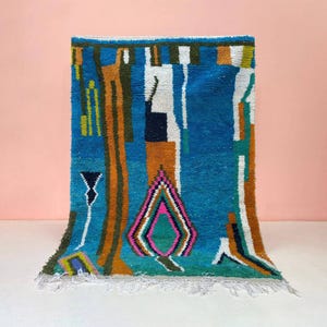 Moroccan Wool Runner: Blue and Pink Diamond Pattern - Hand Knotted rug