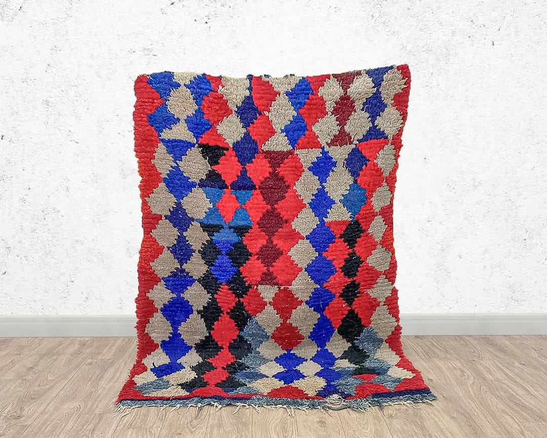 Boujaad ウールラグ - モロッコ風 赤青幾何学模様 - Etsy 日本