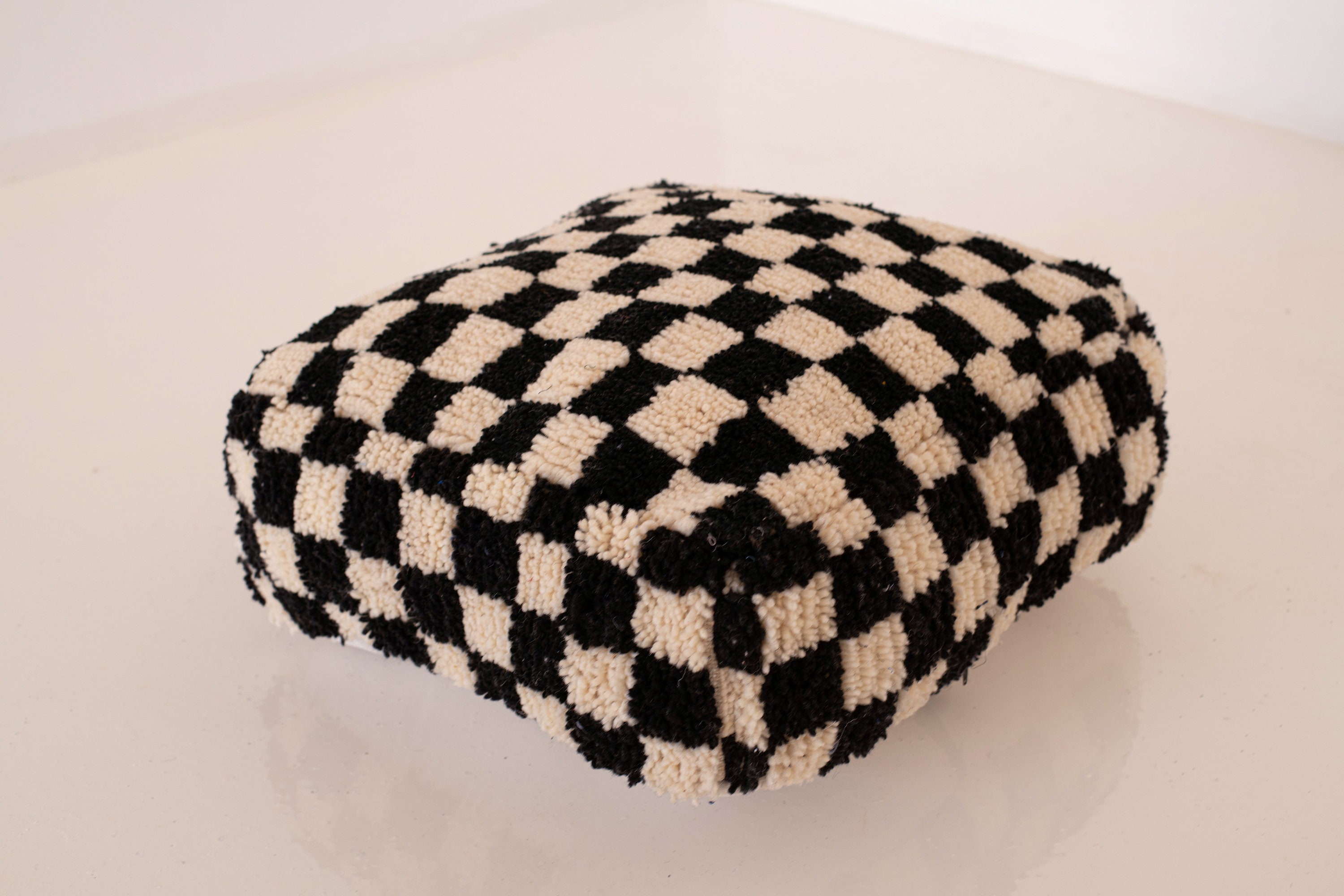 Custom Moroccan Checkered Beni Ourain 14 X 24 Inches Pouf/ Black & White Handmade Berber Bohemian Fl