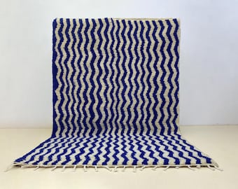 Blue and White Moroccan Wool Rug -Handmade Beni Ourain Wool Rug- Blue Moroccan Berber Rug