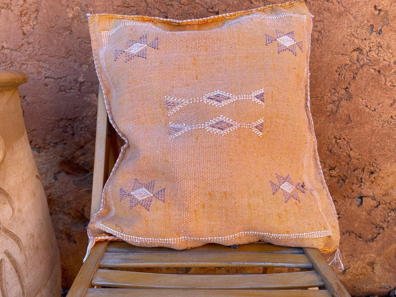 Moroccan Cactus Silk Pillow Cover, Boho Chic Cushion, Artisan Throw, Luxury Home Accent, Handwoven Natural Fabric, Decorative Case