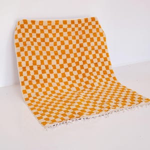 Orange Checkered Rug, Handmade Wool Rug, Beni Ourain Style, Artisan Crafted Carpet Runner, Warm Bedroom Floor Mat, Cotton Base, Hand Knotted