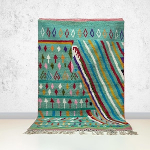 Alfombra de lana estilo bohemio, color verde azulado tribal marroquí Beni (largos personalizados disponibles)