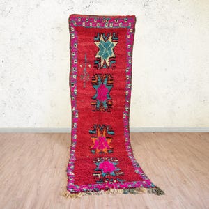 Tappeto marocchino da corridoio: lana rossa boho con motivi geometrici (3 m)