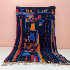 Boujaad Wool Rug,Moroccan Tribal Pattern,Moroccan Custom rug -Geometric Rug, Bold Modern Abstract Carpet, Blue and Orange rug, Moroccan rug