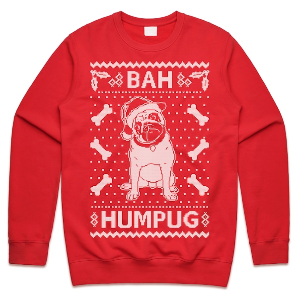 Bah HumPUG Pull de Noël pull sweat-shirt de Noël drôle de chien carlin moche cadeau en tricot