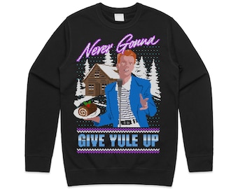 Never Gonna Give Yule Up Christmas Jumper Sweater Sweatshirt Funny Rick Astley Rock Roll Meme Retro 80’s Neon Give You Up Gift