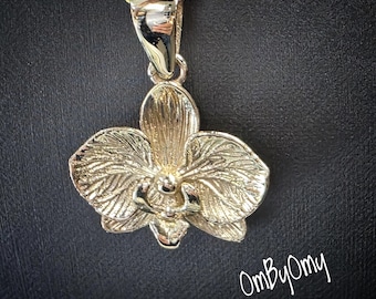 14K Solid Yellow Gold Orchid Flower Pendant, Large Floral Charm, Nature Inspired Jewelry