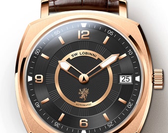 Custom Engraved Automatic Watch, Lobinni Luxury Leather Men's Wristwatch