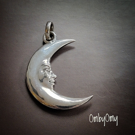 Moon Face Pendant, Sterling Silver Jewelry, Crescent Moon, Smiling