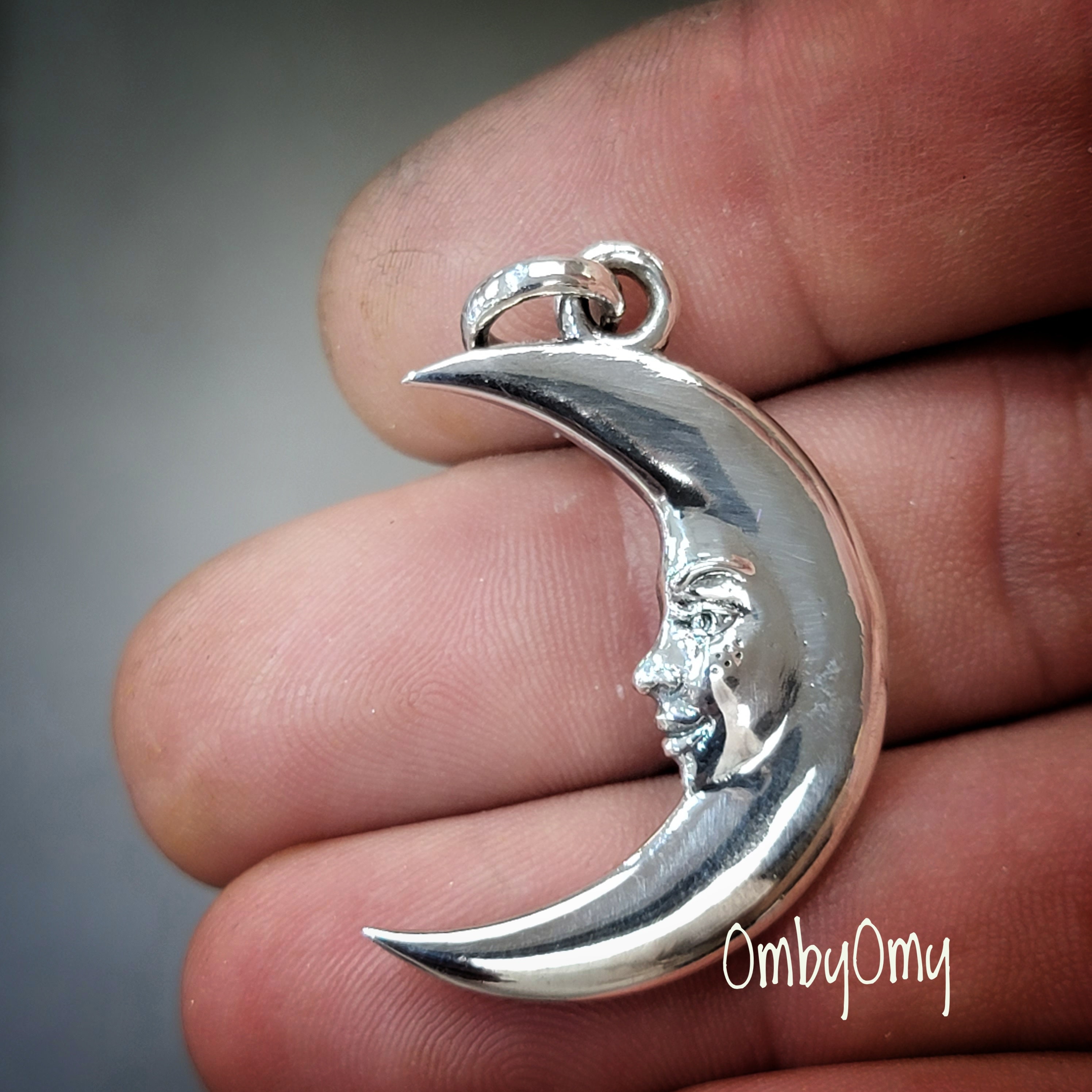 Moon Face Pendant, Sterling Silver Jewelry, Crescent Moon, Smiling
