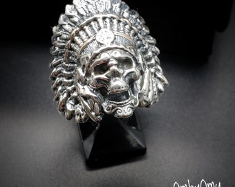 Native American Chief Indian Skull Ring, Biker Ring, Men's