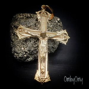 Solid Yellow Gold, Jesus Crucifix Charm Religious Cross Pendant Religious Cross. Real 14 Kt Yellow Gold.