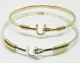 Solid Gold St. Croix Crucian Hook Bracelet | Two-Tone Silver & Gold Caribbean Love Hook Bangle | Tropical Beachy Elegance