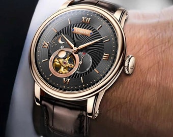 Custom Engraved Automatic Watch, Rose Gold Stainless Steel, Leather Band
