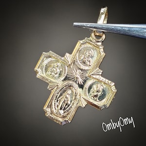 14kt Solid Yellow Gold Catholic Saints Cross Charm Pendant, Small Four Way Medal cross, Wonderful 4 Way Cross Pendant