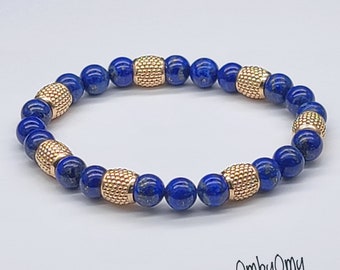 Pulseira elástica com contas de lápis-lazúli natural e ouro maciço 14K