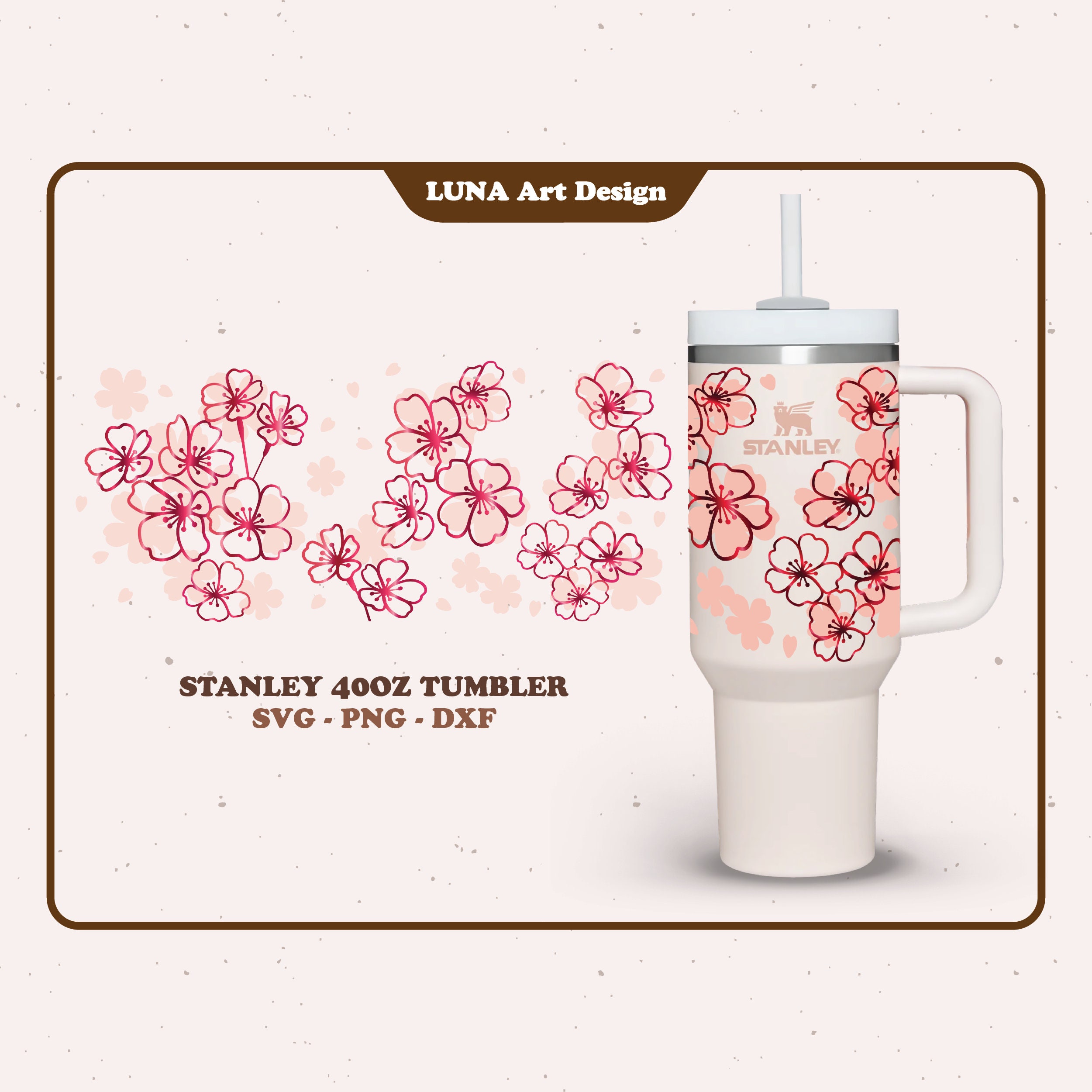 Stanley 40 Oz Tumbler Cup Wrap Strawberries, Cherries, and Flowers Digital  Cut File PNG SVG DXF Pre-sized With Commercial License 