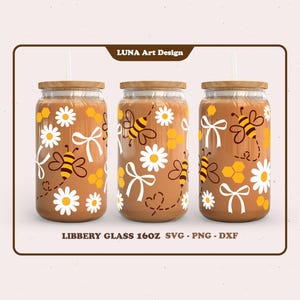 Daisy Flower Honey Bee Love Coquette Ribbon Envoltura completa para lata Libbey Glass 16oz. archivo dxf, png, svg para Circut, archivo digital