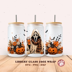 Ghostface Glass Can Wrap Halloween Frosted Glass Wrap 16oz libbey can glass png file for sublimation, UV, DTF, gifts for her, digital file