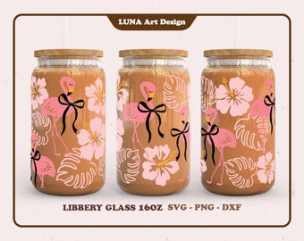 Sommer Flamingo Ribbon Monstera Hibiskus 16 Unzen Libbey Glasverpackung svg Tropisches Bier kann svg png dxf Datei