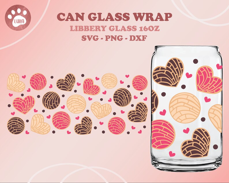 K&ouml;nnte beinhalten: Ein digitales Design f&uuml;r eine 473 ml Glas-Dosenh&uuml;lle mit einem Muster aus rosa und braunen Herzen mit einem Wirbeldesign und beigefarbenen Kreisen mit einem Wirbeldesign. Das Design hei&szlig;t "Can Glass Wrap" und enth&auml;lt den Text "Libbery Glass 16oz SVG - PNG - DXF".