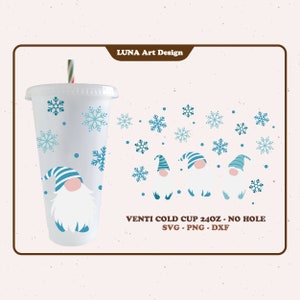 Gnomes cold cup svg Snowflakes cold cup wrap Winter 24 oz cold cup without hole Christmas Venti cold cup svg file for Cricut digital files