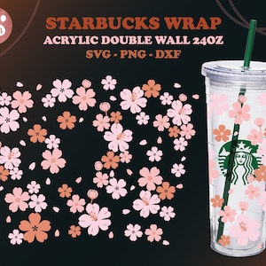 Sakura Tumbler SVG, Cherry Blossom, emballage complet pour gobelet acrylique à double paroi 24 oz. dxf, png, fichier svg pour Cricut, fichier numérique
