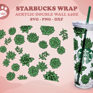 Vaso suculento SVG, vaso cactus svg, planta, envoltura completa para vaso acrílico de doble pared de 24 oz dxf, png, archivo svg para Cricut, archivo digital