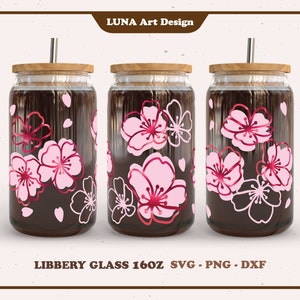 Kirschblüten Libbey Glas SVG, Sakura Flower Can Glass svg, Full wrap for Libbey Glass 16oz. dxf, png, svg für Circut, digitale Datei